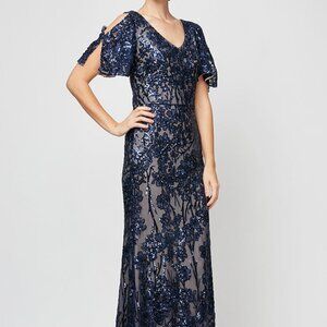 alexevenings.com V-Neck Sequin Dress with Cold Shoulder Flutter Sleeve Size 14NA